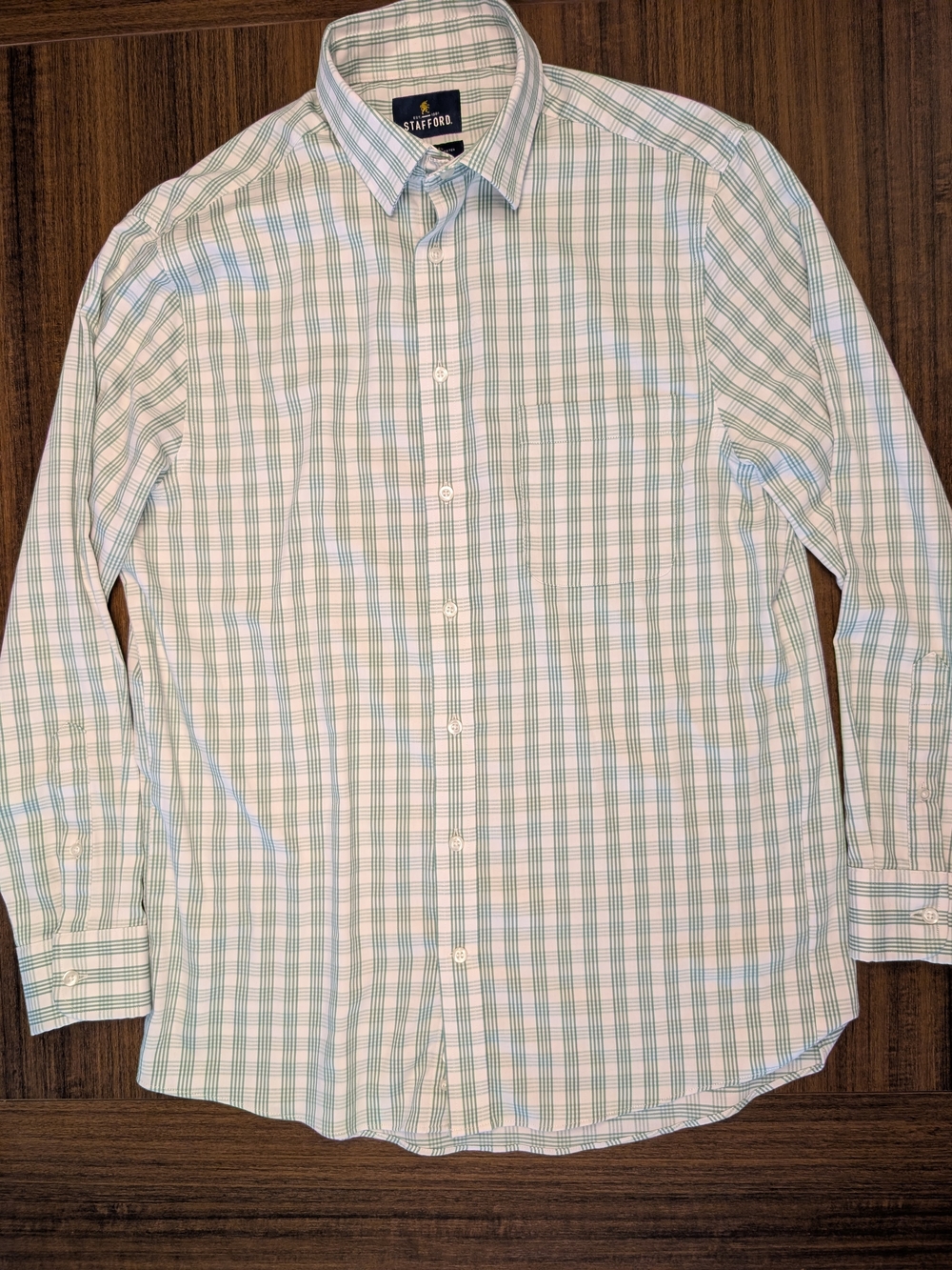 Stafford White and Green Plaid Long-Sleeve Dress Shirt
